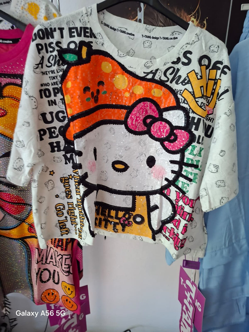 T+Tang Shirt Hello Kitty Orange Weiß – Glitzer Strass