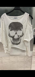 Re Design Skull Strass Cold-Shoulder Shirt Weiß