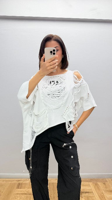 Re-Design Oversized Shirt Weiß – Destroyed Look aus Italien | Gr. 36–50