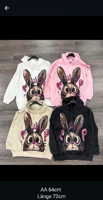 Damen Hoodie Pailletten Hase – Butterstoff | Farben: Weiß, Rosa, Beige, Schwarz | Gr. 36–44