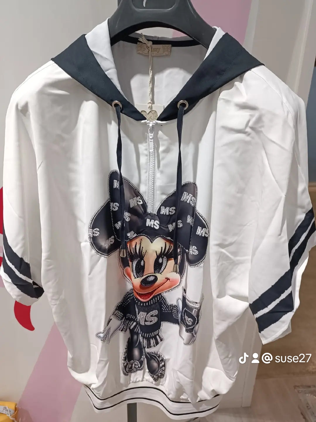 Missy 2-Teiler Minnie Mouse – Schwarz-Weiß mit Glitzer & Strasssteinen | Hoodie & Hose | Gr. 36–44