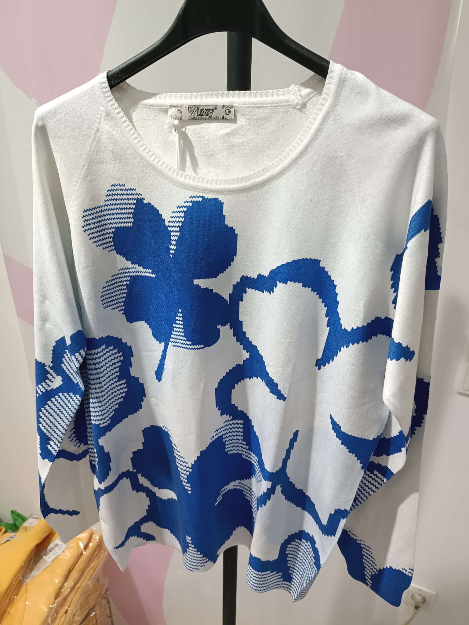 Blumen Jacquard Pullover Oversize – Weiß/Blau