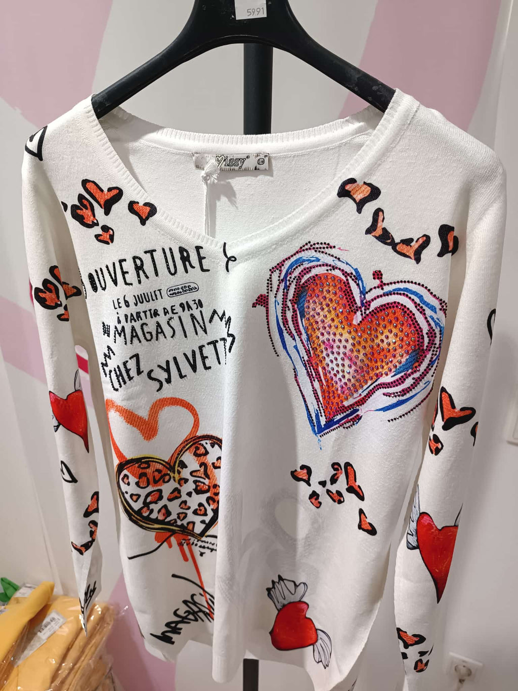 Damen Pullover Weiß Herz-Print mit Strass – Missy