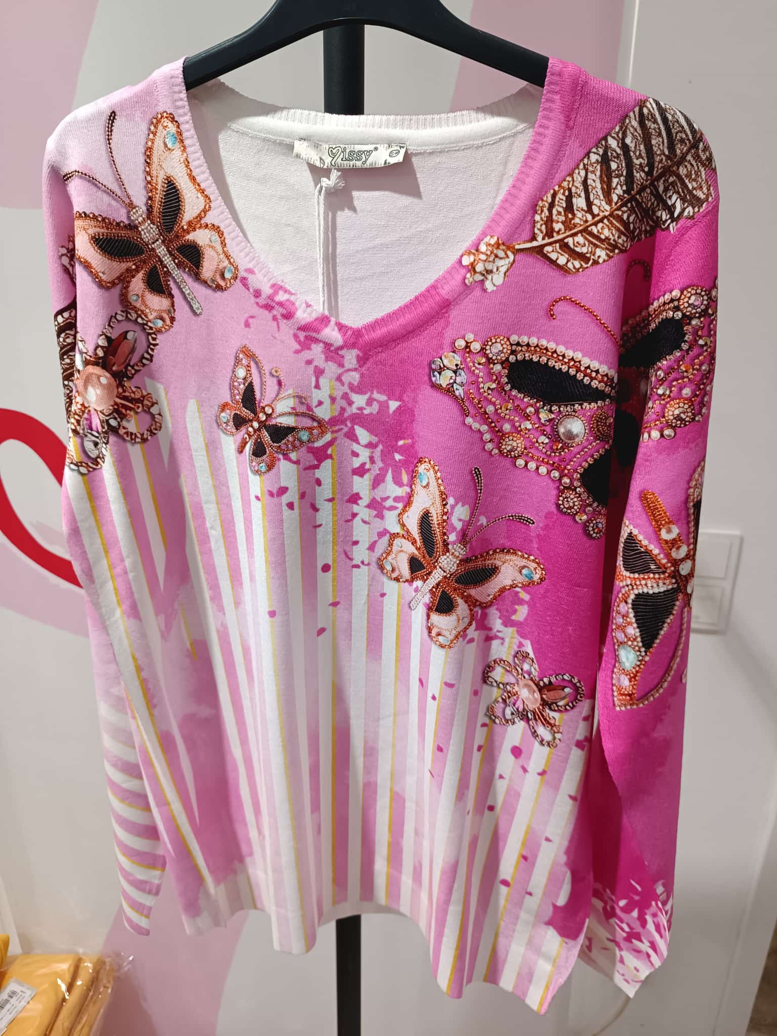 Damen Pullover Pink Schmetterling mit Strass & Perlen – Missy
