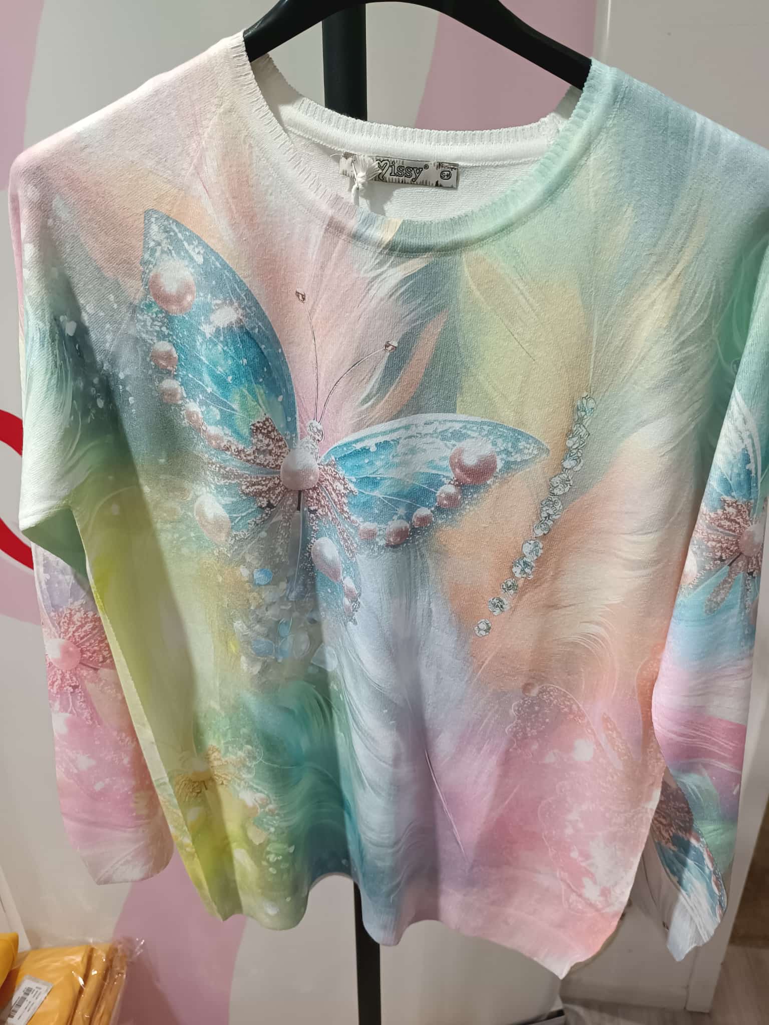 Damen Pullover Pastell Schmetterling 3D mit Perlen & Strass – Missy