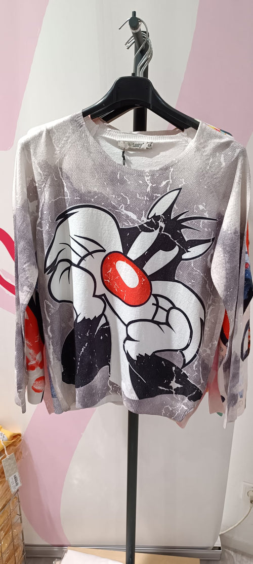 Damen Sweater Sylvester die Katze - Grosser Print - Oversize Grau