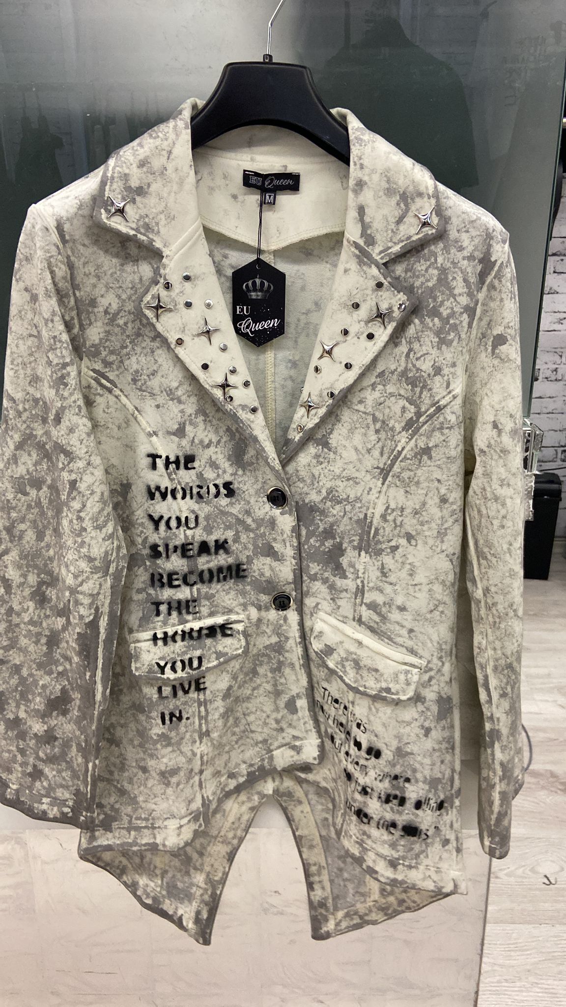 Damen Blazer Eu Queen – Nieten & Glitzersteine – 100% Baumwolle – Weiss