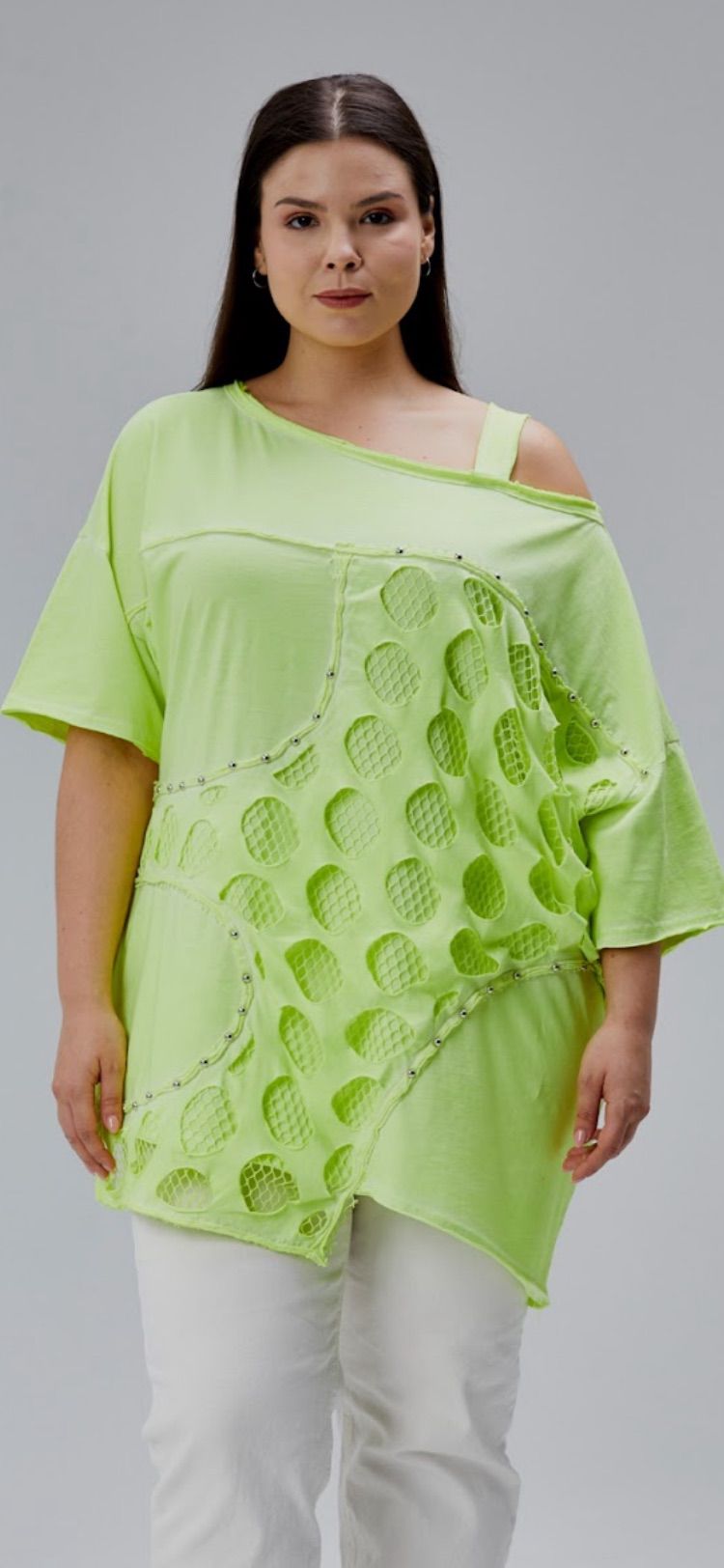 Damen Tunika Re-Design – Cut-Out Kreis-Muster – Neon-Gruen oder Lila – Uebergroesse bis 50 – 100% Baumwolle