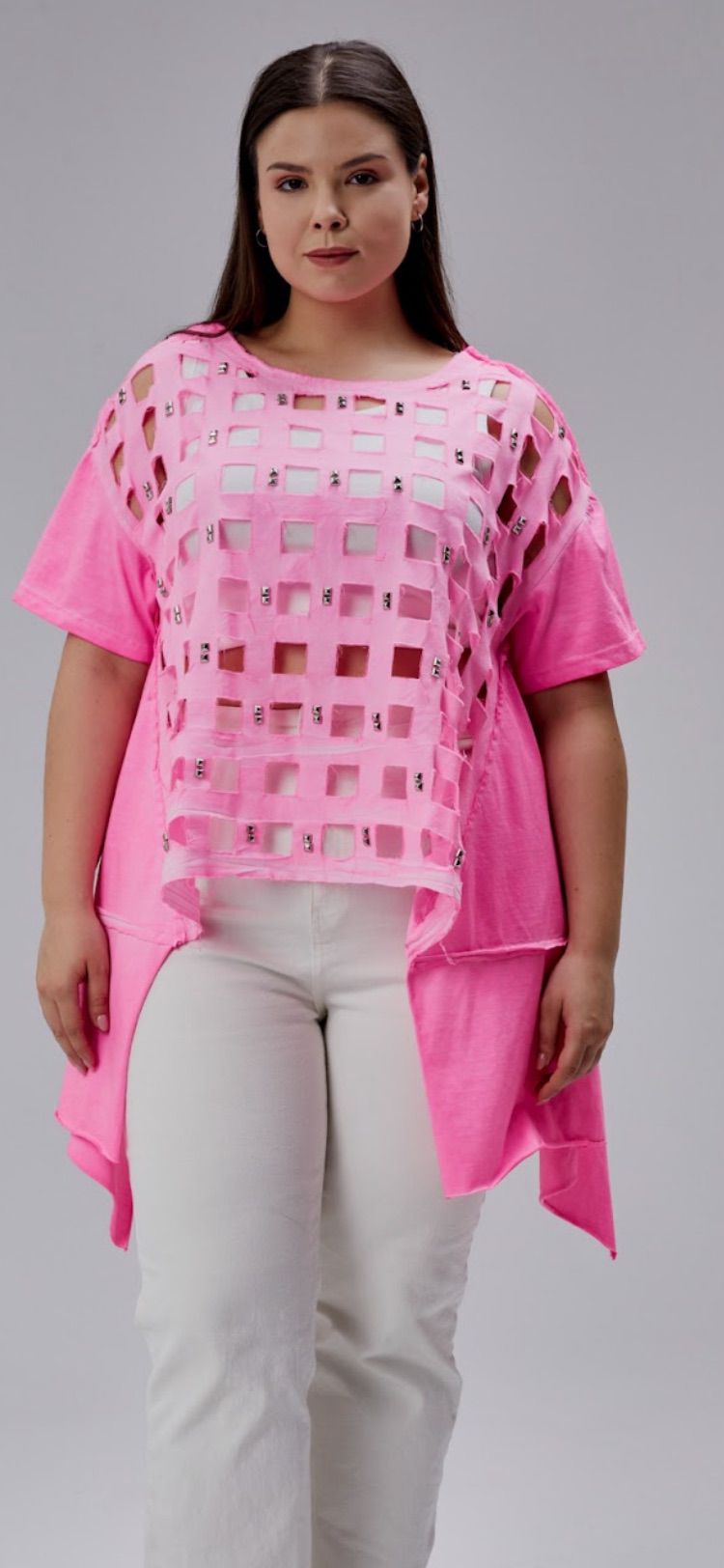 Damen Tunika Re-Design – Cut-Out Gitter-Muster – Pink – Uebergroesse bis 50 – 100% Baumwolle