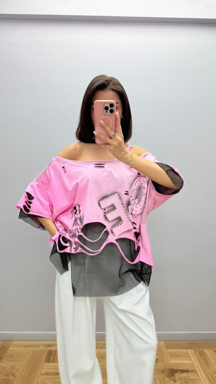 Damen Shirt Re-Design – Destroyed mit Netz-Einsatz – Neon-Gelbgruen oder Pink – Groesse 36-44