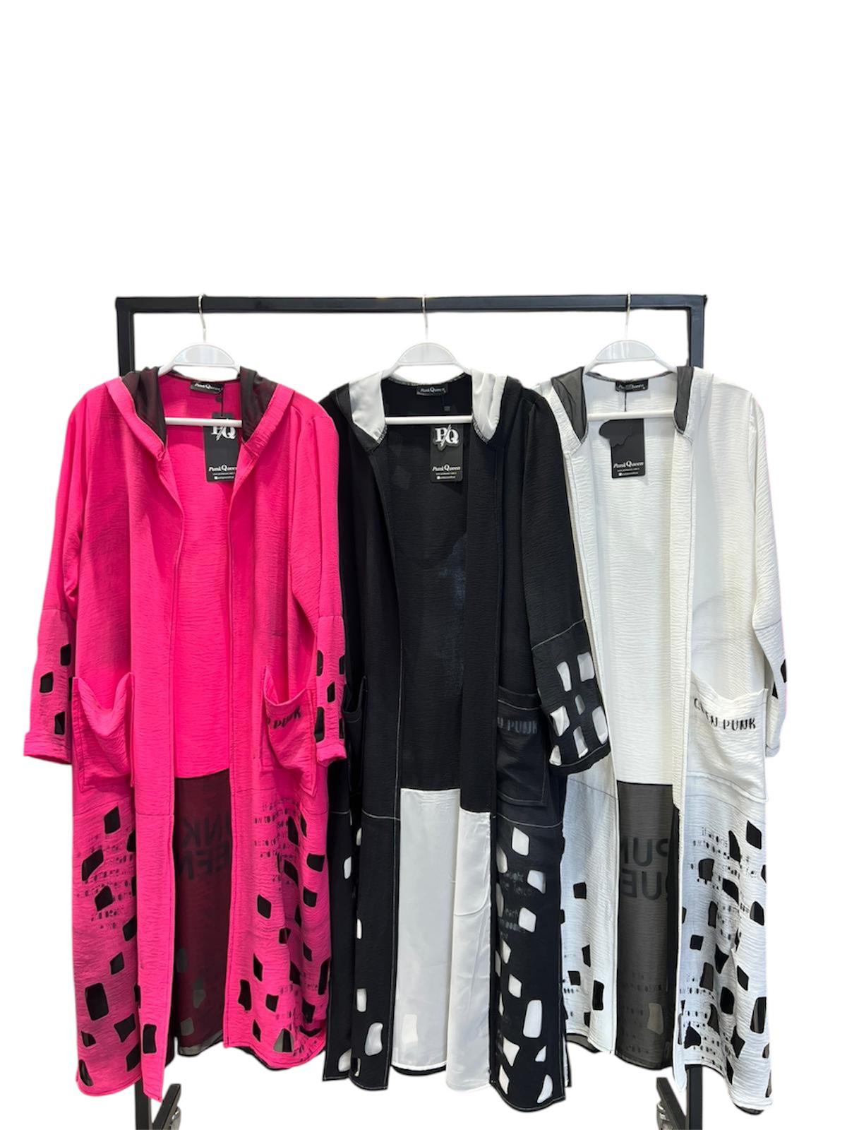 Damen Mantel Eu Queen – Cut-Out Muster mit Kapuze – Pink, Schwarz oder Weiss – Groesse 36-48