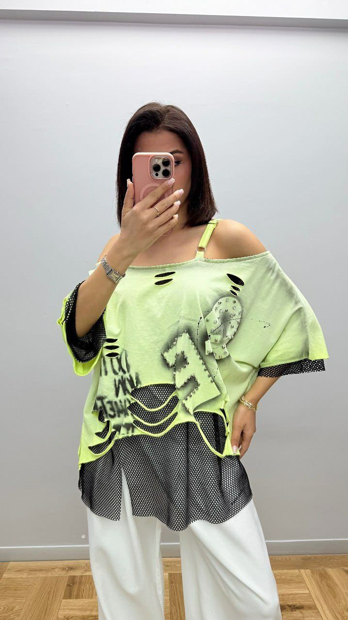 Damen Shirt Re-Design – Destroyed mit Netz-Einsatz – Neon-Gelbgruen oder Pink – Groesse 36-44