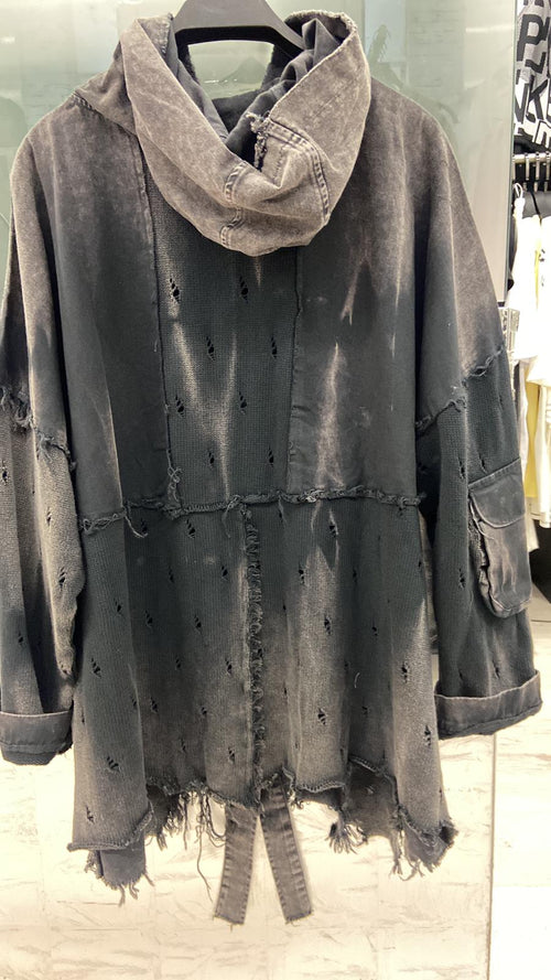 Damen Jacke Re-Design – Destroyed mit Kapuze – Nieten & Glitzersteine – Grau – Uebergroesse bis 50