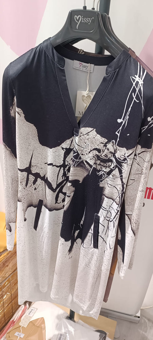 Damen Kleid Missy – Abstrakt Art Print – Glitzersteine – Schwarz/Weiss