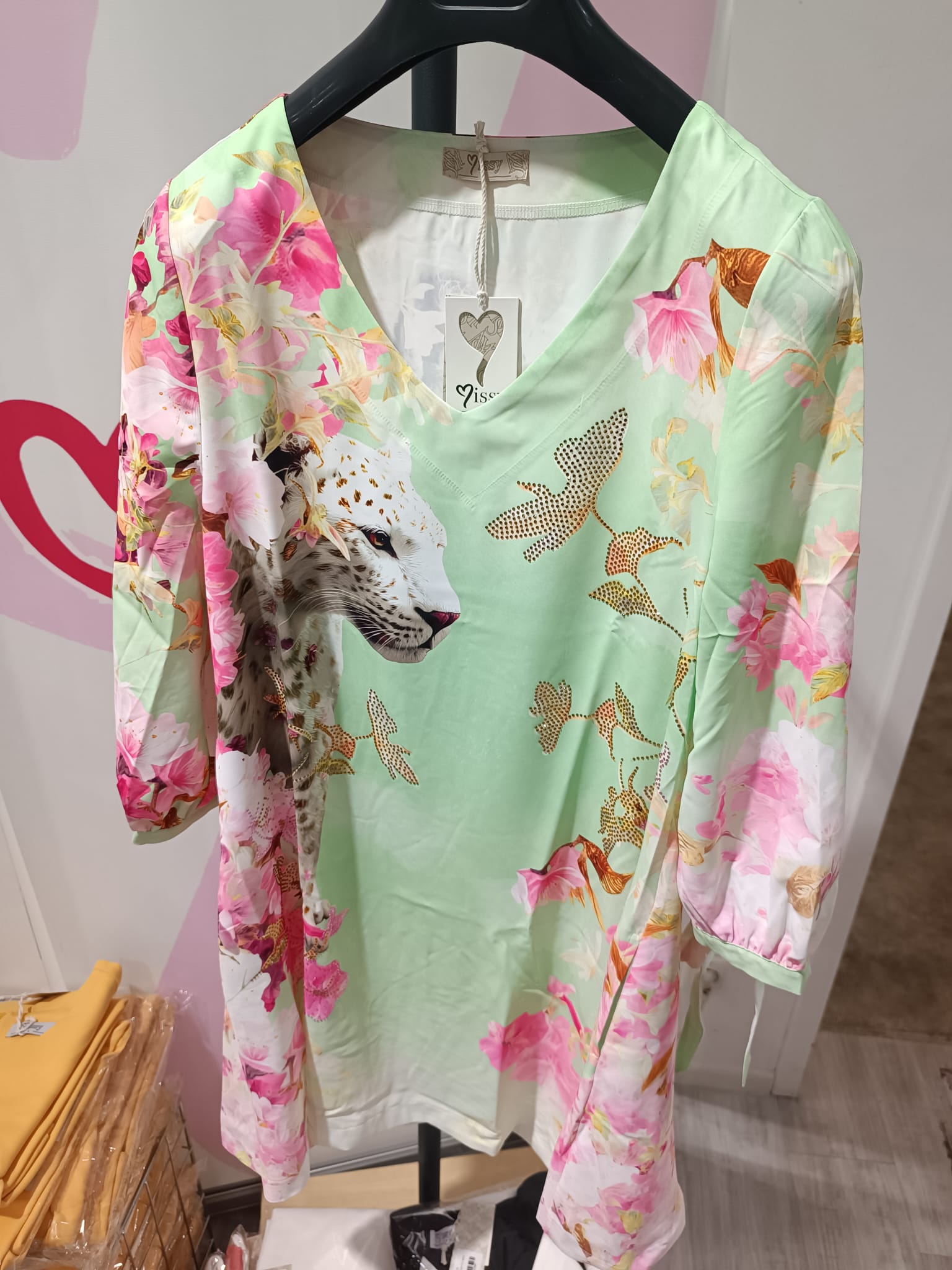 Missy Kleid Leopard-Print Mintgrün – Pinke Blumen & Glitzer | Gr. 36–44