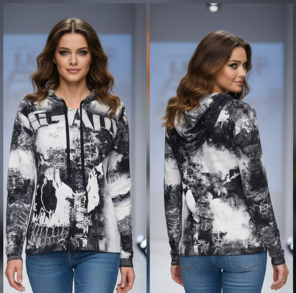 Skull Allover-Print Hoodie Oversize – Schwarz/Weiß
