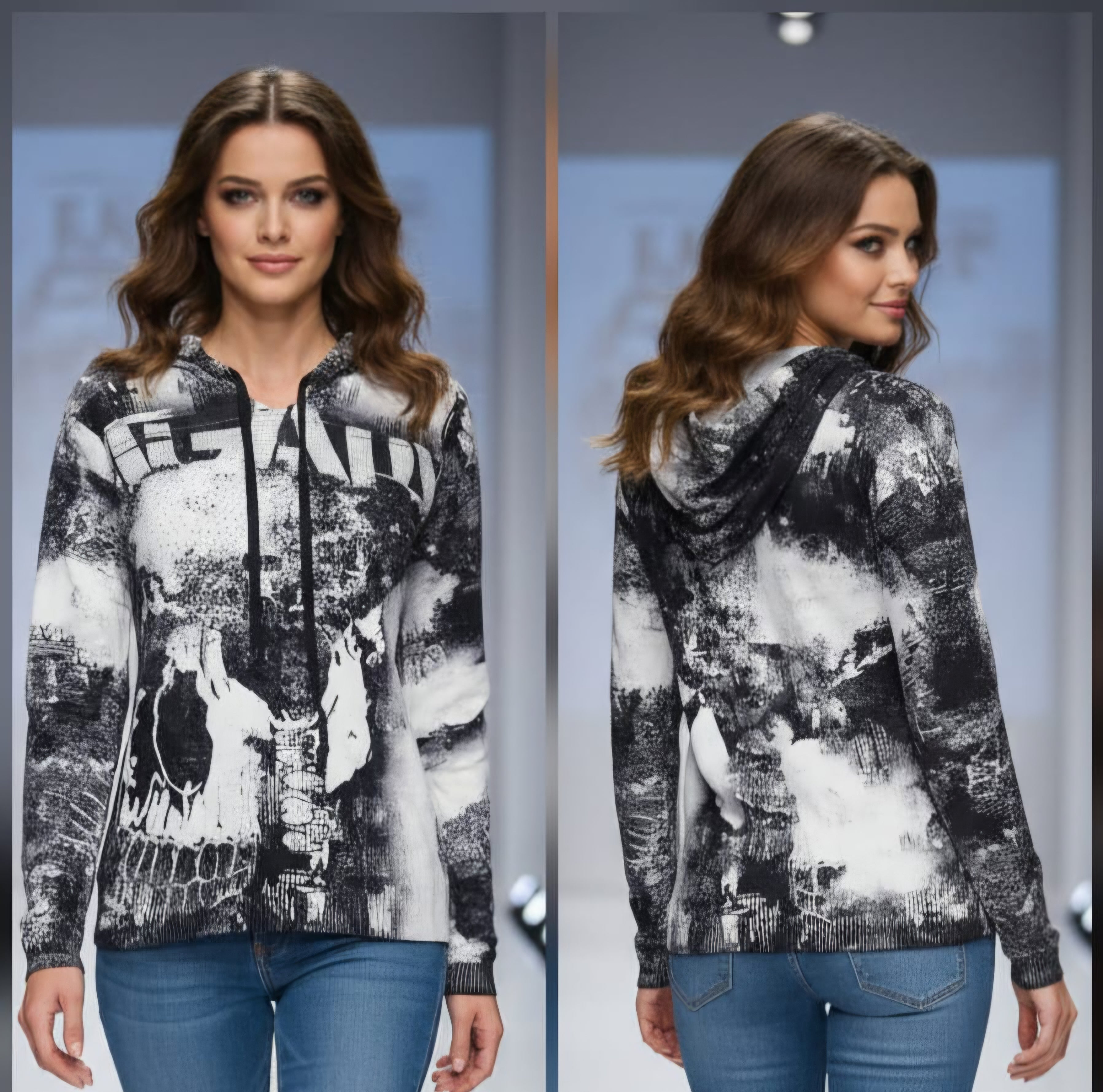 Skull Allover-Print Hoodie Oversize – Schwarz/Weiß