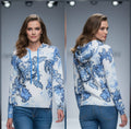 Missy Hoodie Barock-Print Blau-Weiß – Ornament | Kapuze | Gr. 36–44