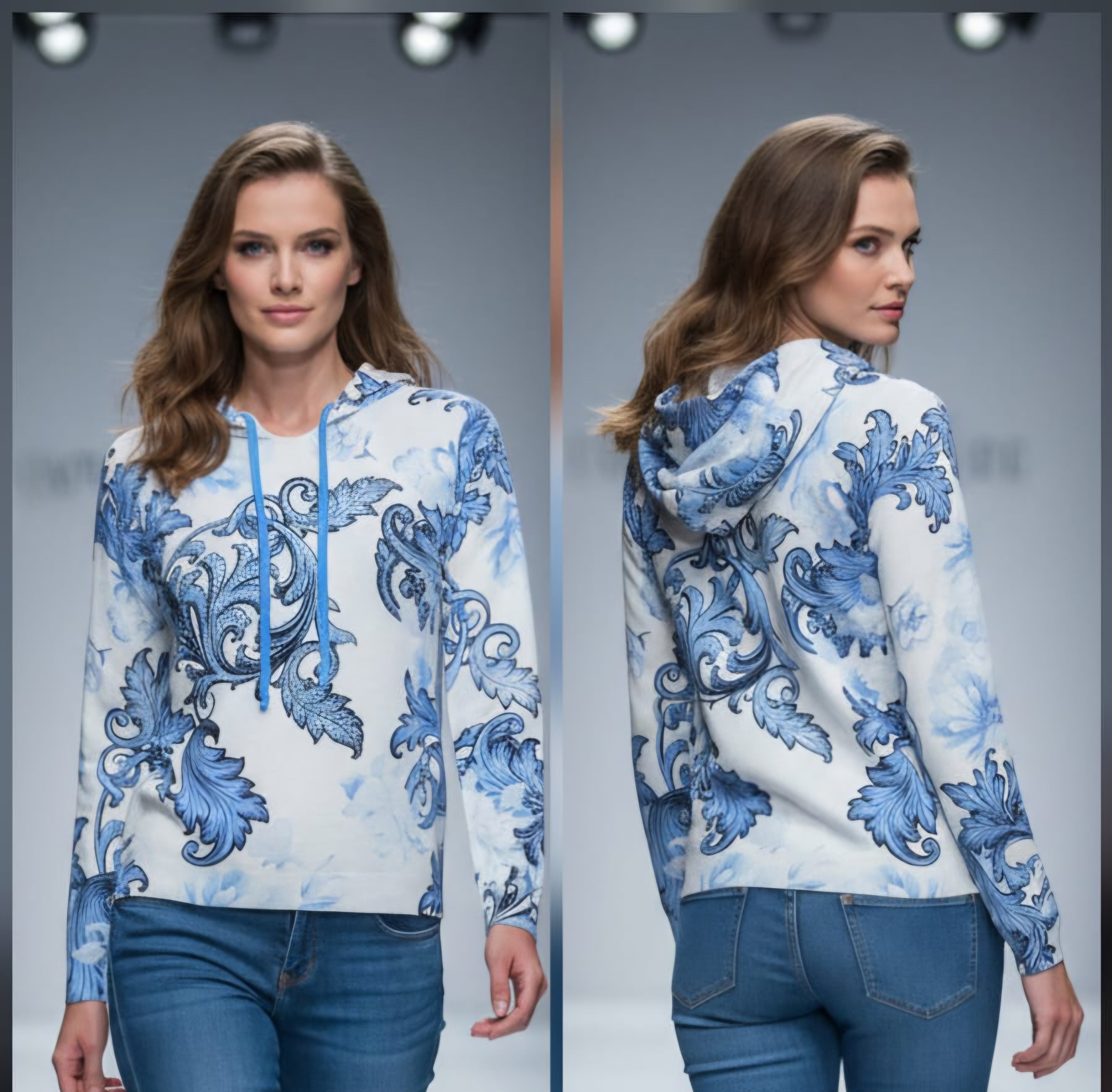 Missy Hoodie Barock-Print Blau-Weiß – Ornament | Kapuze | Gr. 36–44