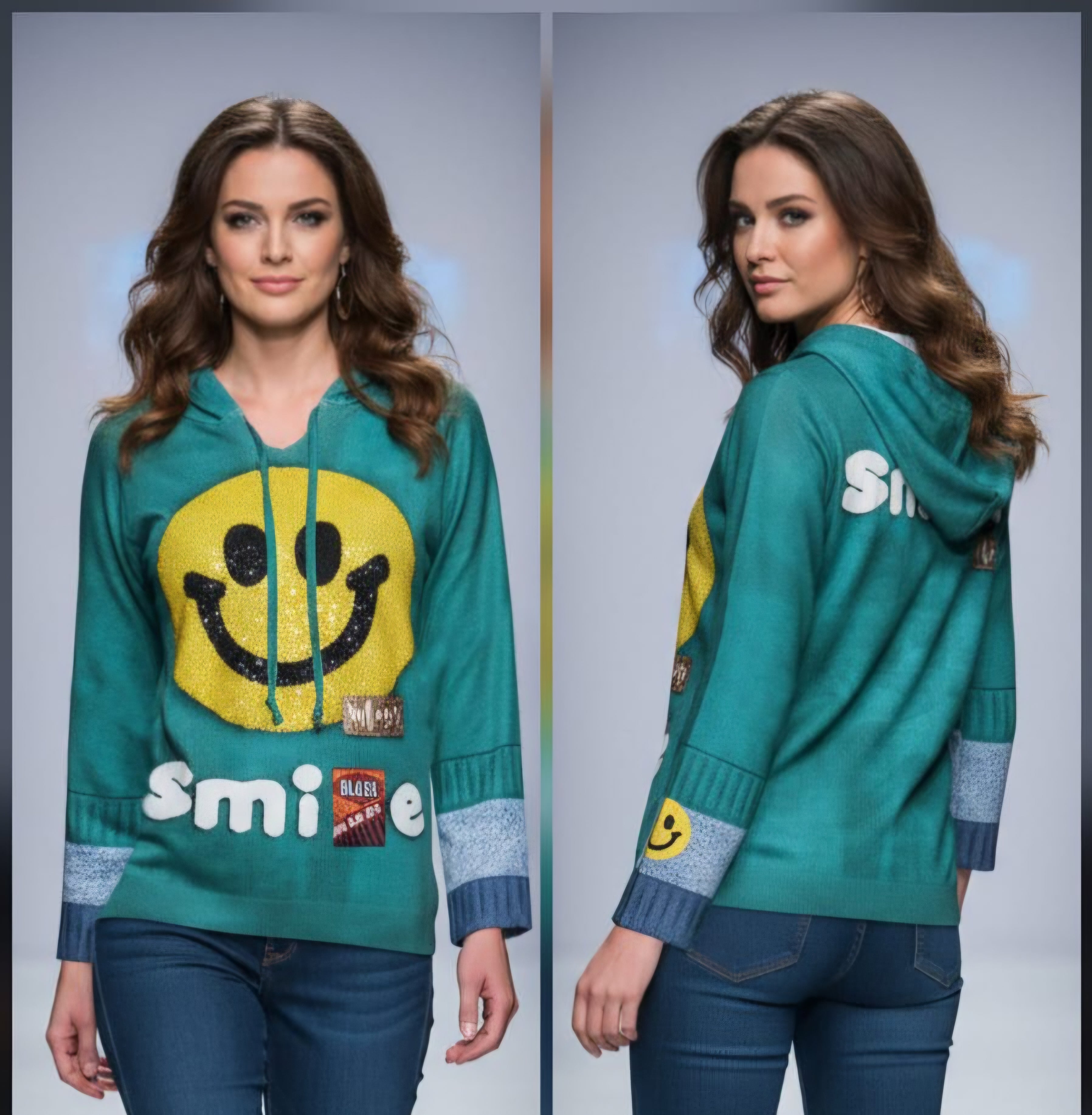 Missy Hoodie Smiley Türkis – Pailletten & Smile-Print | Kapuze | Gr. 36–44