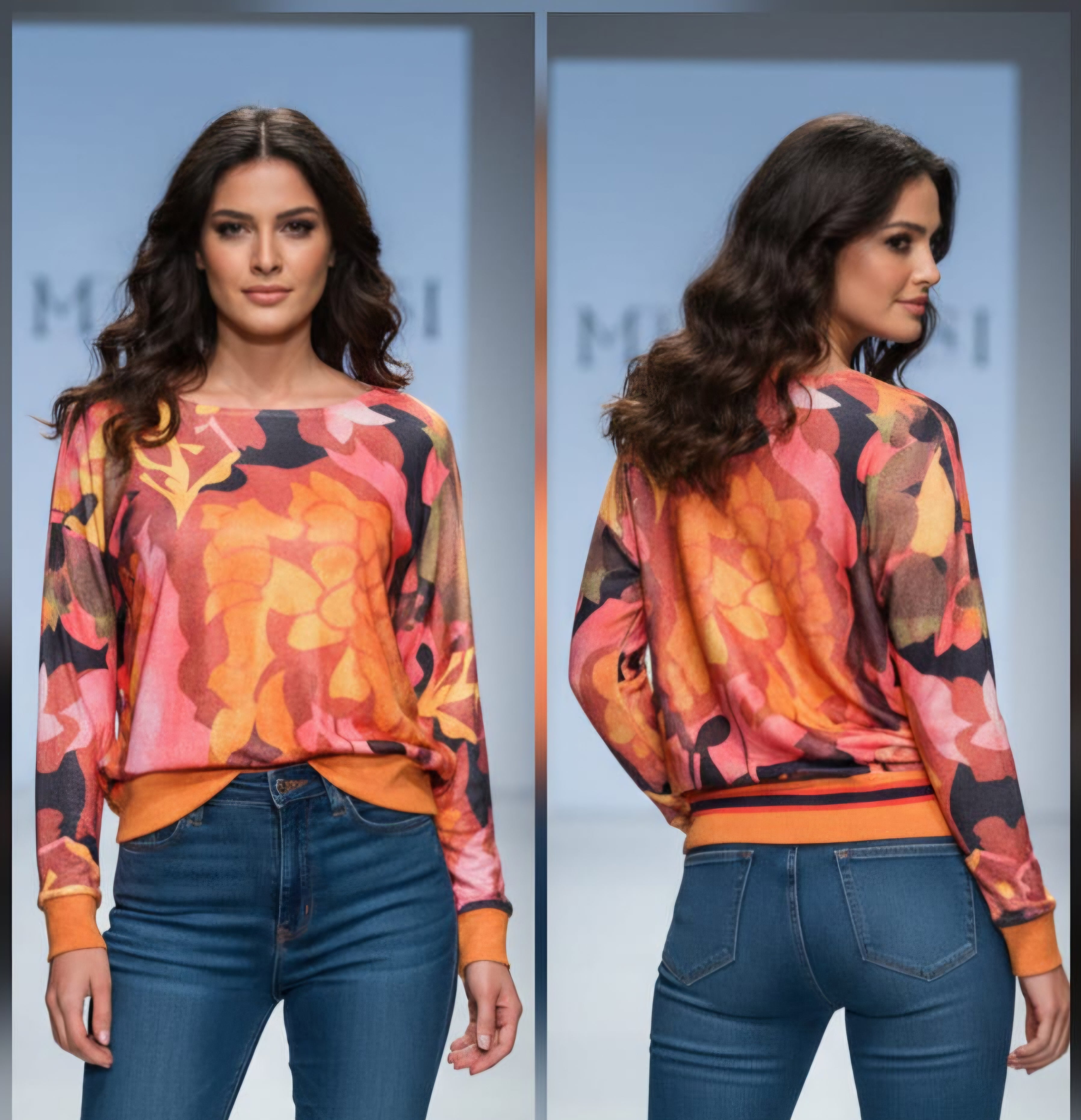 Missy Pullover Floral-Print Orange-Pink – Langarm | Bündchen | Gr. 36–44