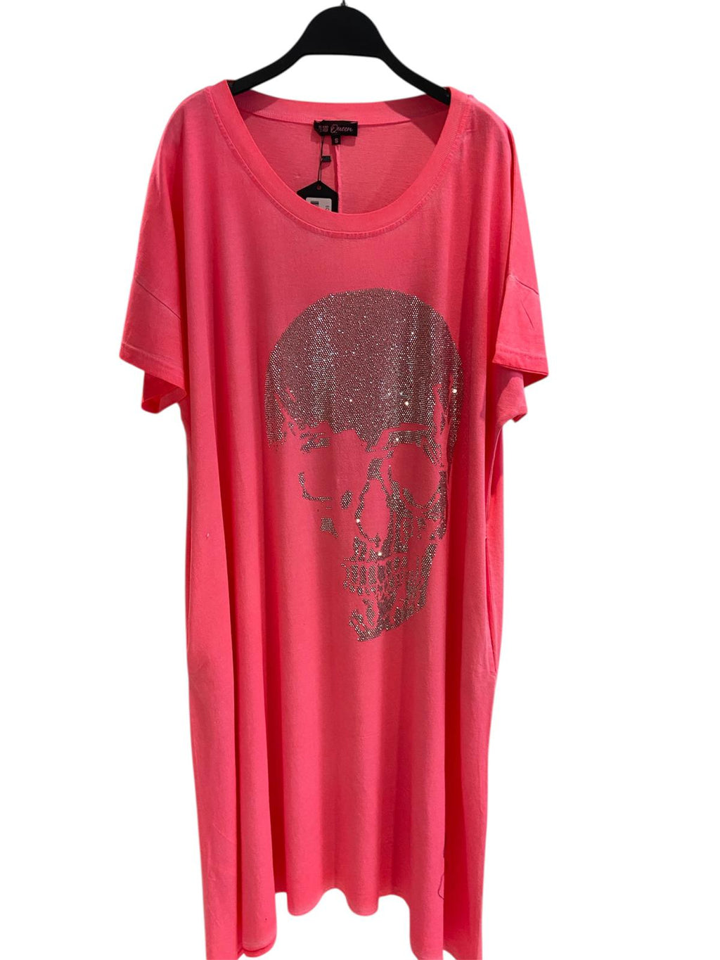 💀💗 Re Design Neonpink Skull Kleid – Glitzersteine | Gr. 46