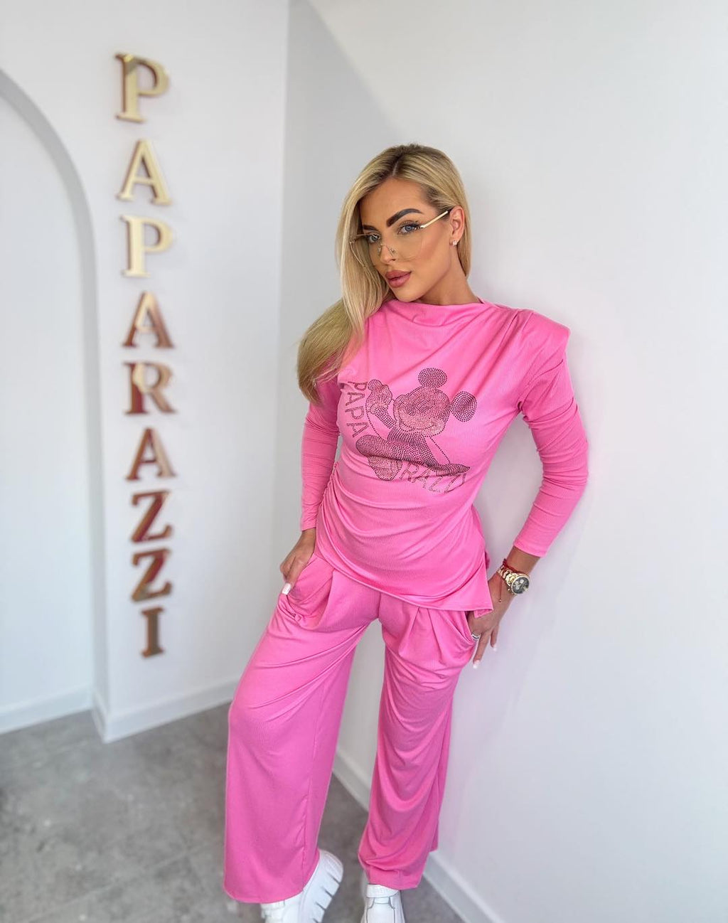 Damen Anzug Paparazzi - Pink mit Mickey Mouse Glitzersteinen