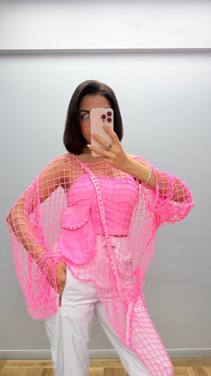 Re-Design Netz-Kimono Neonpink – Oversize | 100% Baumwolle | Gr. 36–46