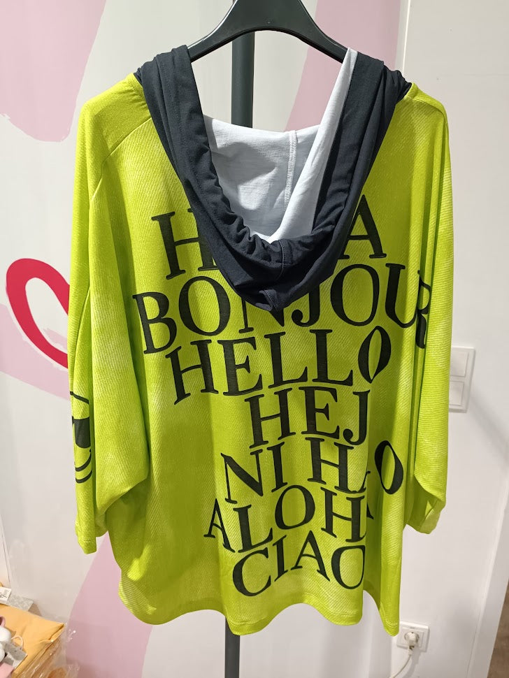 Neongrüner Hoodie HOLA BONJOUR HELLO - Missy
