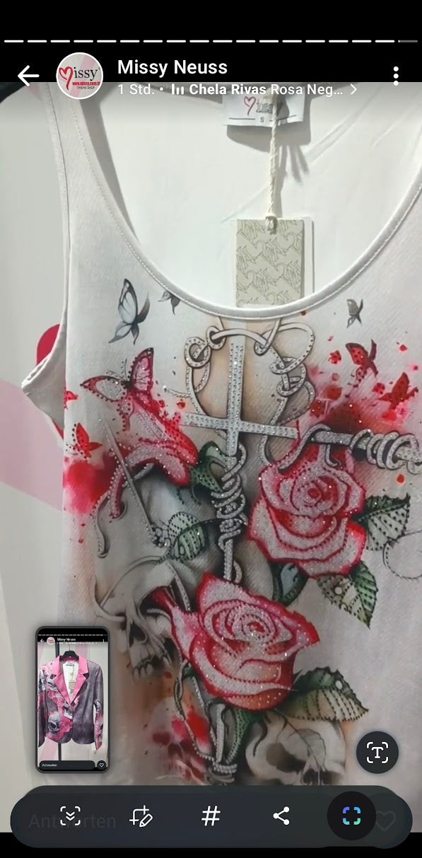 Rosen-Skull Vierteiler Weiß-Rosa mit Glitzersteinen - Missy