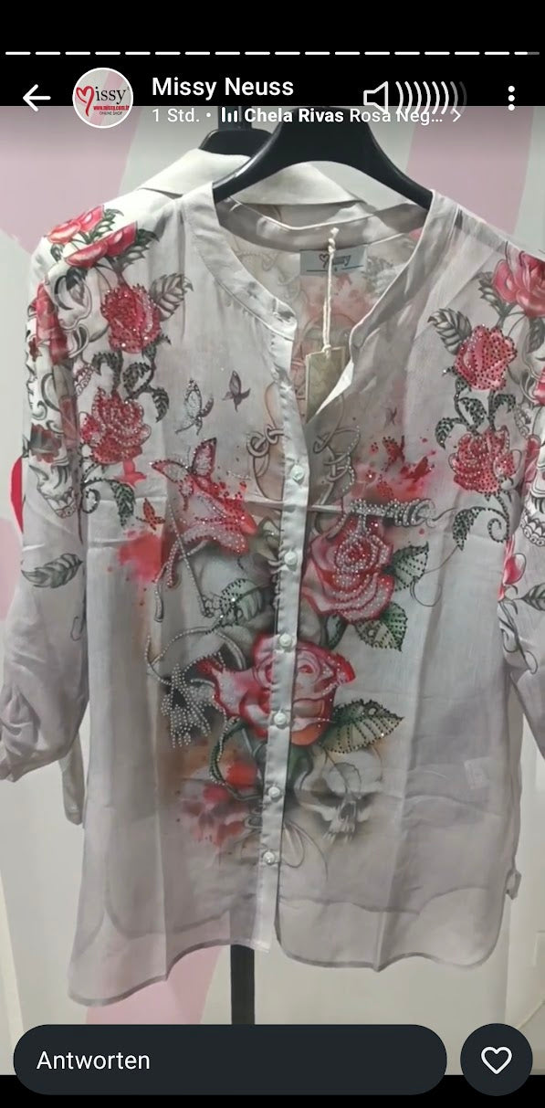 Rosen-Skull Vierteiler Weiß-Rosa mit Glitzersteinen - Missy