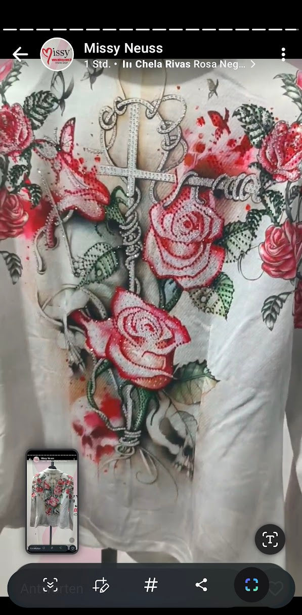 Rosen-Skull Vierteiler Weiß-Rosa mit Glitzersteinen - Missy