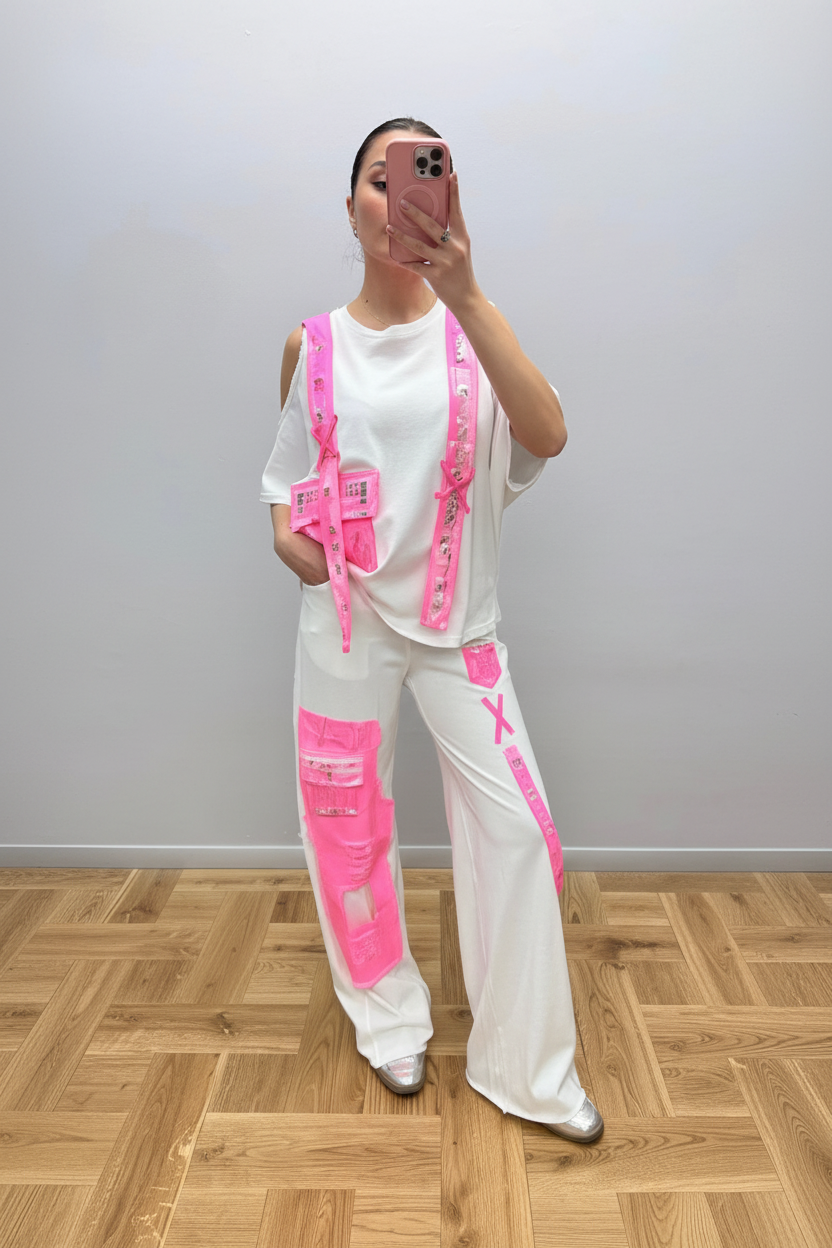 Re-Design Oversize Set Weiß-Neonpink – T-Shirt & Cargo Hose