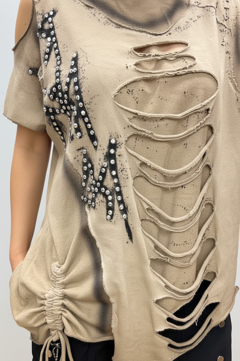 Beige Destroyed Shirt Detail