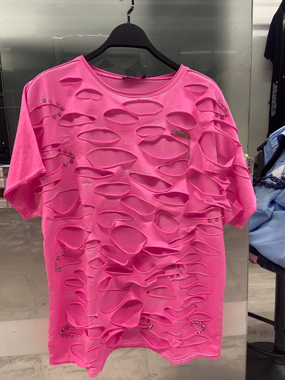 Re-Design Shirt Neonpink – Heavy Destroyed mit Sicherheitsnadeln | One Size bis 46