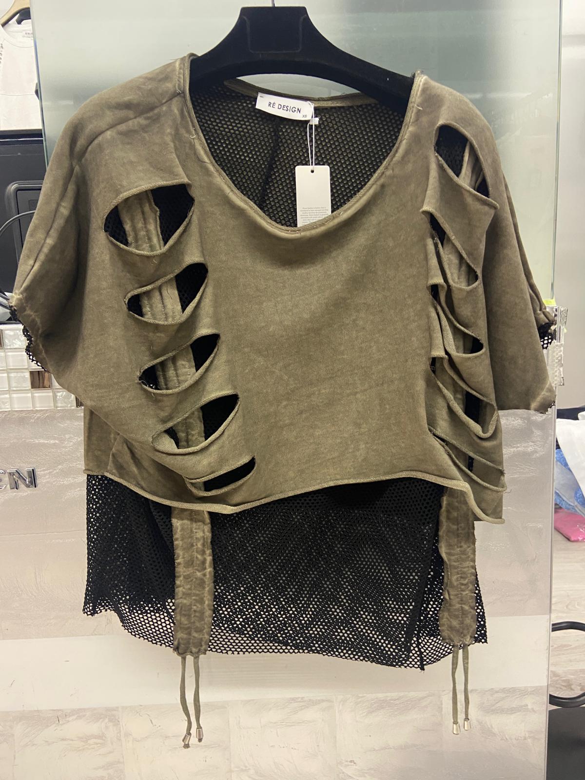 Re-Design Oversized Shirt Khaki – Destroyed Look mit Netz-Einsatz | One Size bis 46