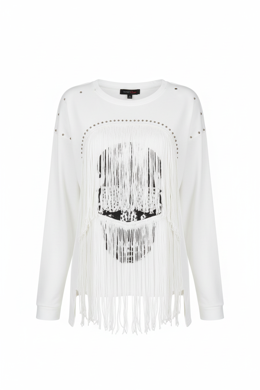 Skull Re-Design Boutique Langarmshirt Weiß-Schwarz Detail – Mode aus Italy Gr. 36–48