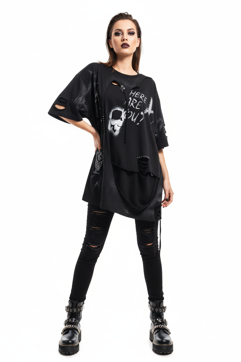 Re-Design Oversize Shirt HERE ARE YOU schwarz – KI-generiertes Tragebilder