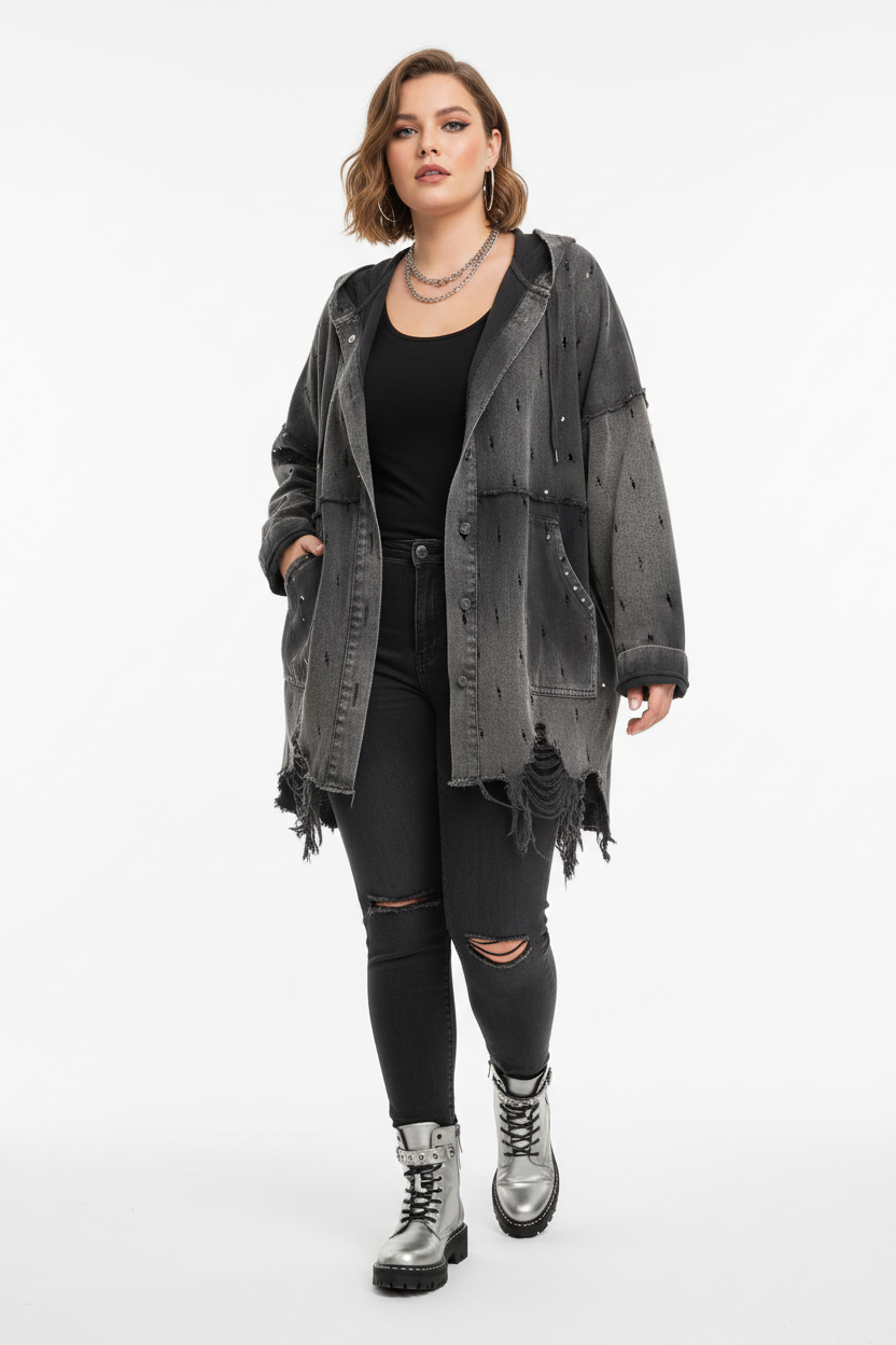 Damen Jacke Re-Design Destroyed Grau mit Kapuze Nieten und Glitzersteinen – Tragebild Uebergroesse bis 50