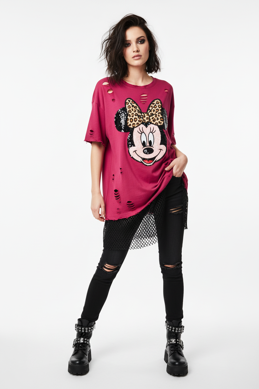 Damen Shirt Rosa Destroyed mit Netz-Einsatz - Tragebild, Oversize Fit, Eu Queen