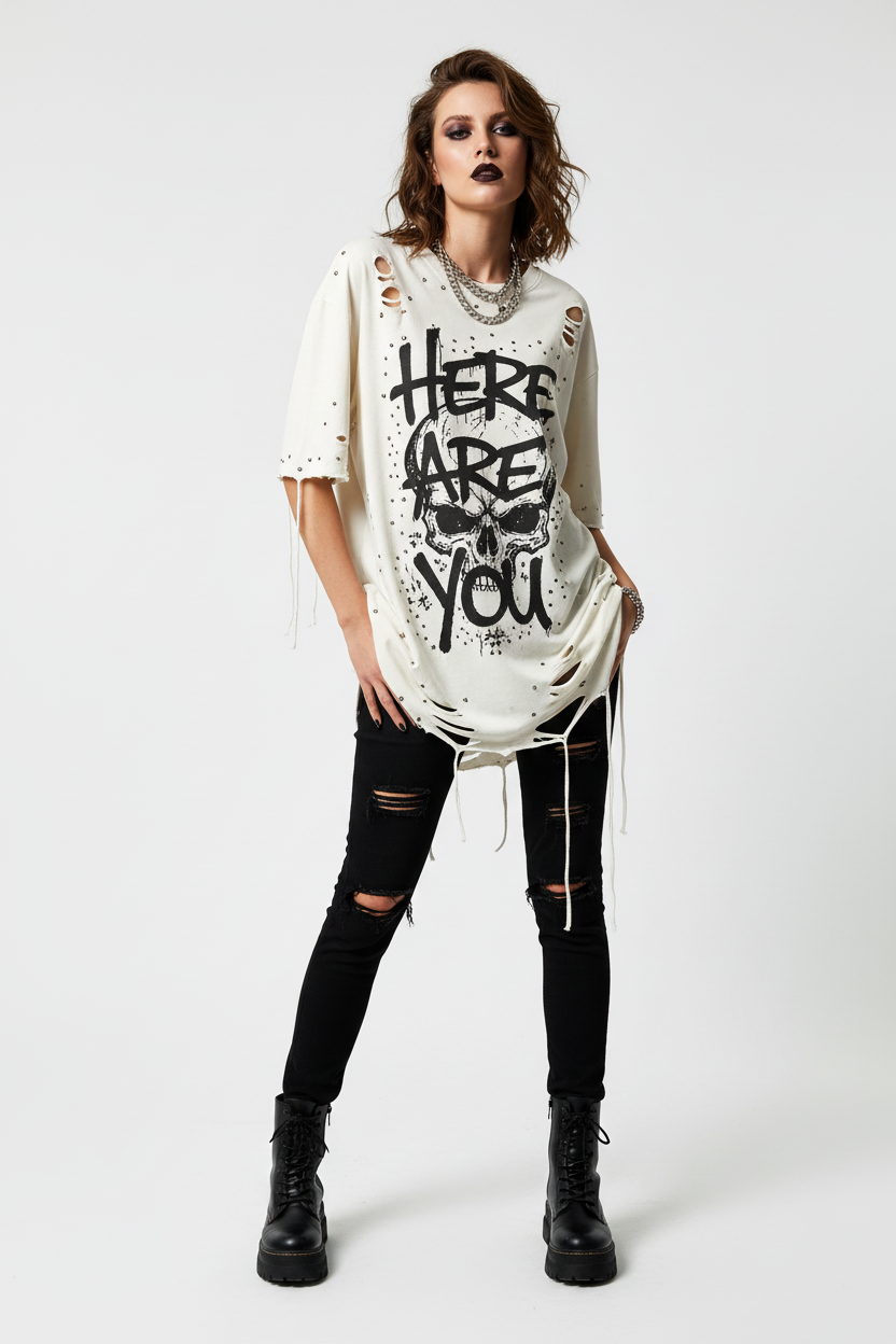 Re-Design Oversize Shirt HERE ARE YOU weiß – Tragebilder
