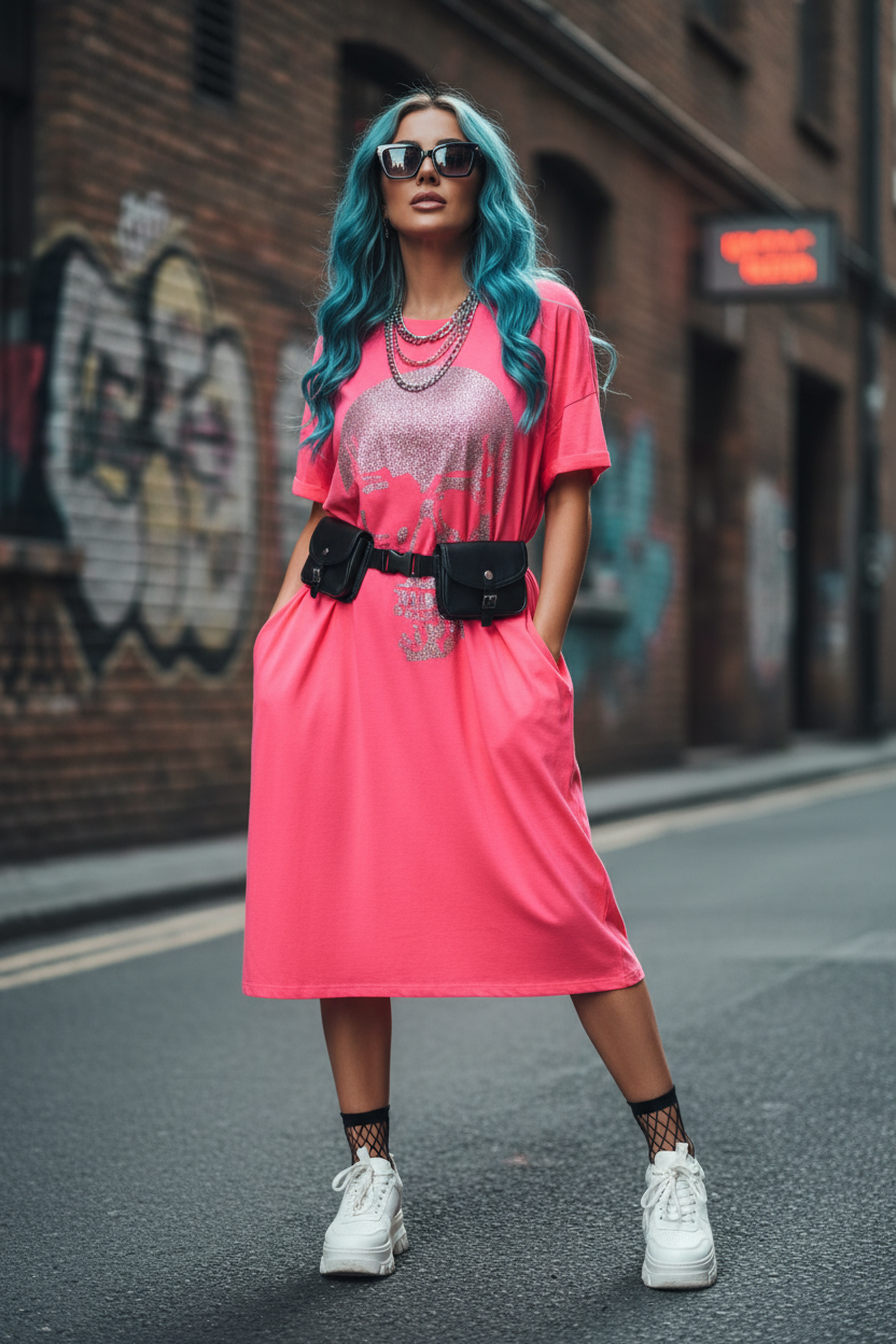 Re Design Neonpink Skull Kleid Gr. 46 Street Style Tragebilder