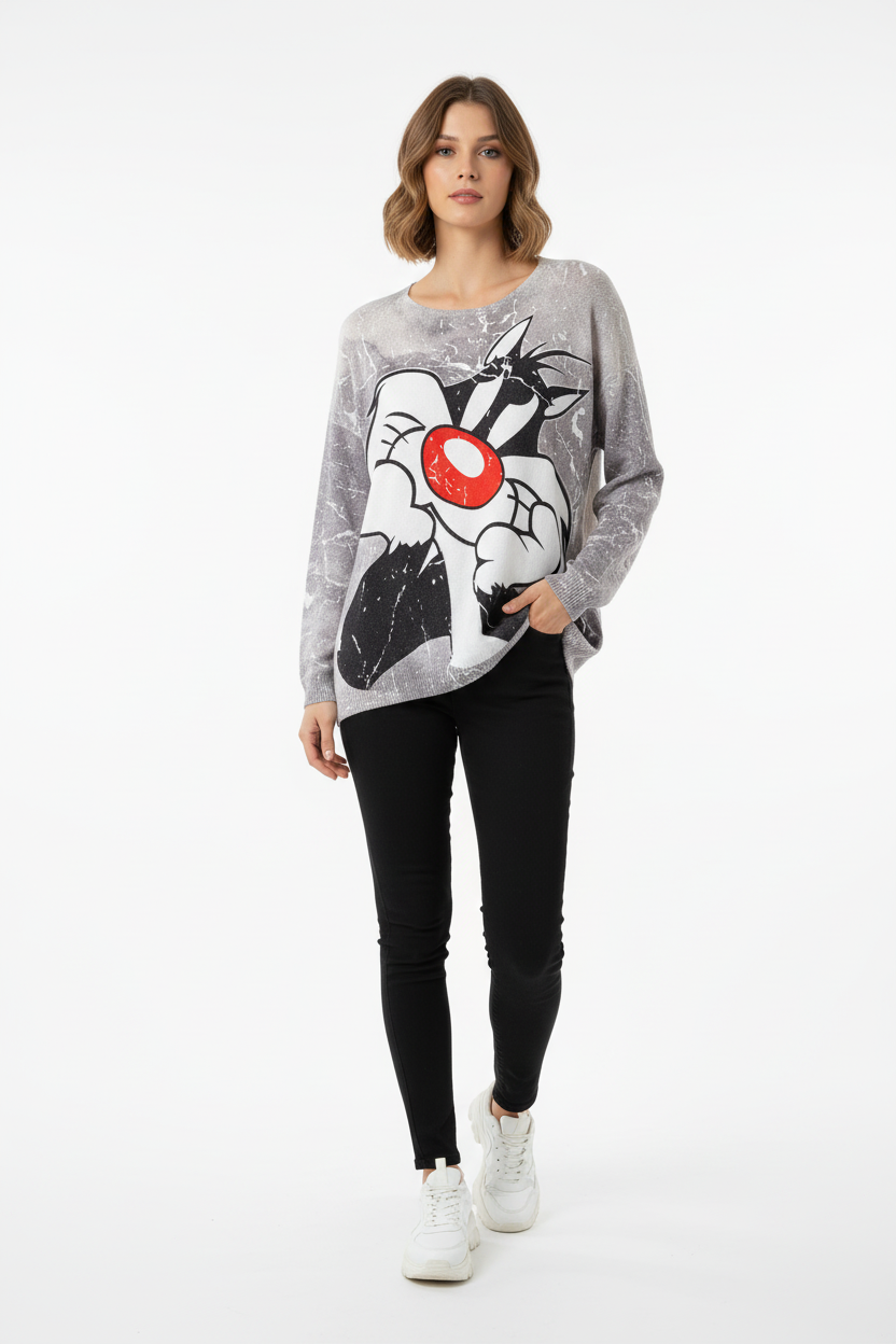 Damen Sweater Sylvester die Katze - Tragebild, oversized Fit, grosser Cartoon Print