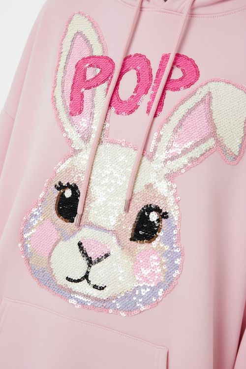 Damen Hoodie Pailletten Hase Butterstoff Detail – Mode aus Italy Gr. 36–44