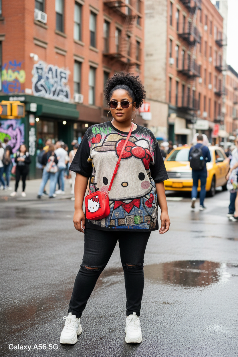 T+Tang Hello Kitty Schwarz Shirt – Tragebild Street Style