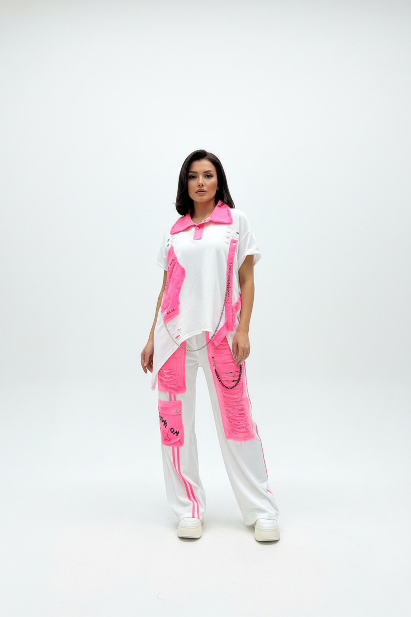 Re-Design 2-Teiler Neonpink Frontansicht weißer Hintergrund, Damen Mode Oversize Set