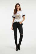 Damen T-Shirt Eu Queen Weiss Taschen-Print Glitzersteine – Tragebild