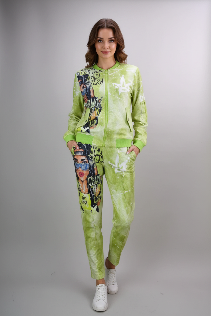 Apfelgrüner 2-Teiler Missy Frankreich – Ganzkörper Frontansicht echte Frau, Tie-Dye-Look