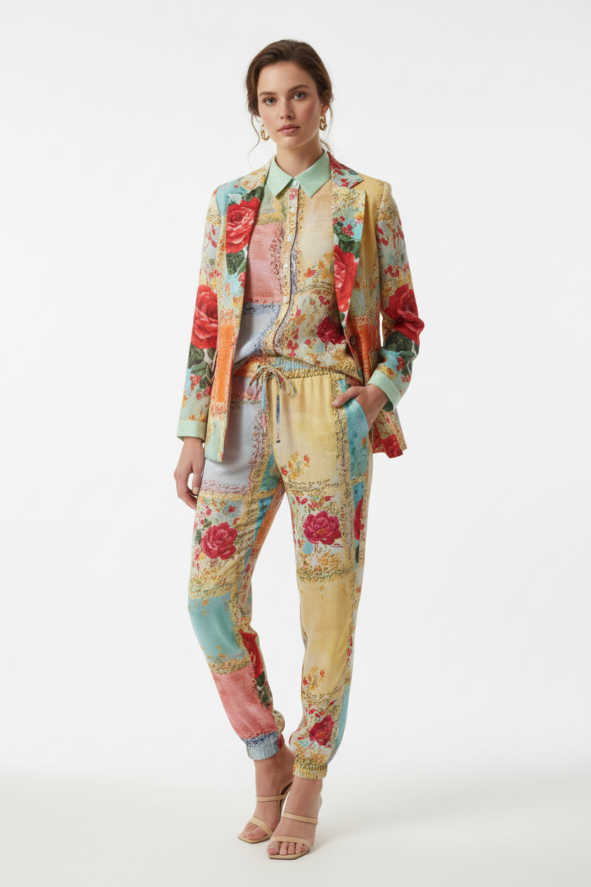 Missy 3-Teiler Sommer-Set Tragebild elegante Frau Patchwork Glitzer Gr. S-XL Mode aus Italy