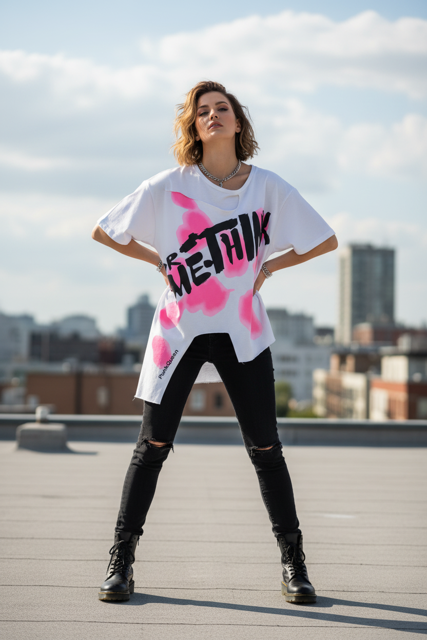 PunkQueen Dr. Me Think Shirt Neonpink Lifestyle Rooftop